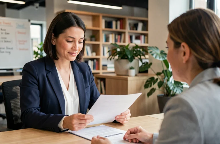 Femme en reconversion professionnelle lors d'un entretien d'accompagnement avec une conseillère en insertion dans un bureau moderne