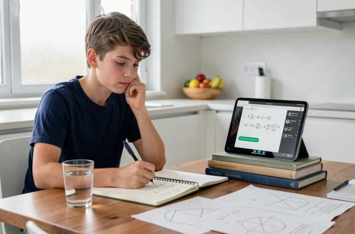 Adolescent travaillant sur des exercices de mathématiques avec une tablette affichant un tutoriel vidéo dans une cuisine moderne