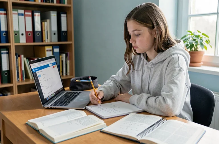 Adolescente concentrée sur ses devoirs de maths en ligne, assise à un bureau en bois avec des manuels scolaires ouverts et un ordinateur portable