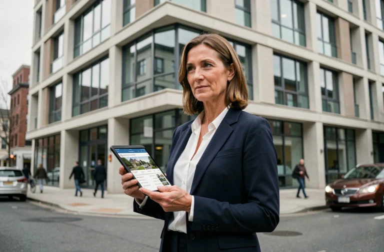 Agente immobilière devant un immeuble moderne tenant une tablette avec des annonces immobilières