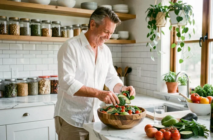 Homme préparant une salade fraîche et équilibrée dans une cuisine moderne pour une alimentation saine au quotidien