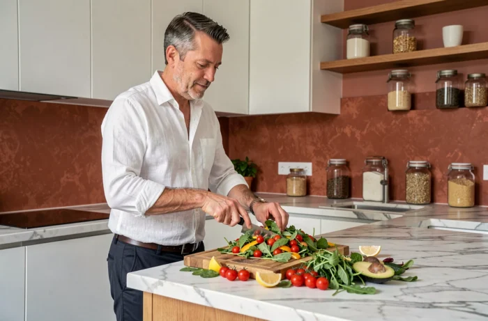 Homme préparant une salade colorée et nutritive dans une cuisine moderne pour prendre soin de sa santé au quotidien