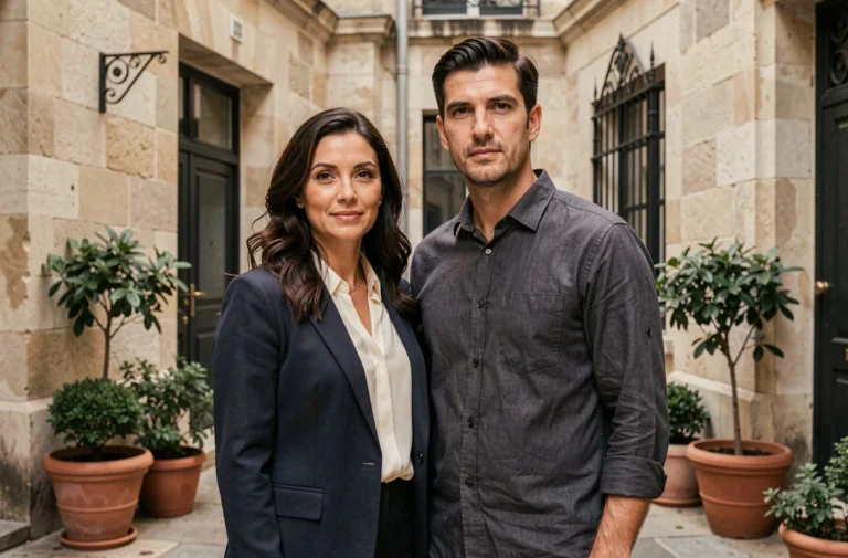 Amandine Atalaya et son mari discret dans une cour parisienne élégante