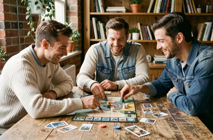Groupe d'amis jouant à un jeu de société autour d'une table en bois, idée de loisir convivial en intérieur