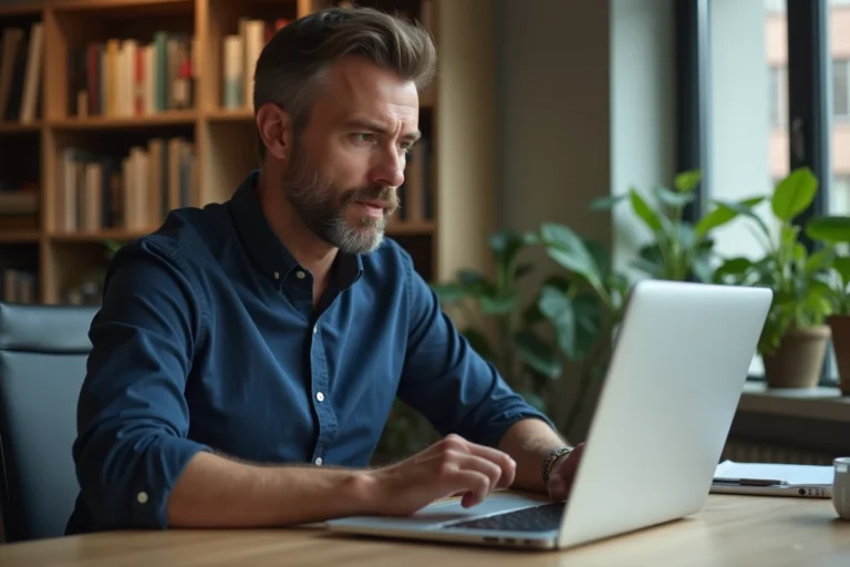 Homme analysant des avis en ligne sur un ordinateur portable dans un bureau moderne, illustrant l'analyse des critiques sur Simon Cavallo en 2026