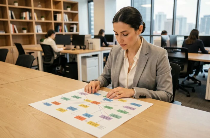 Femme professionnelle analysant un plan de sitemap imprimé sur un bureau en bois dans un bureau moderne