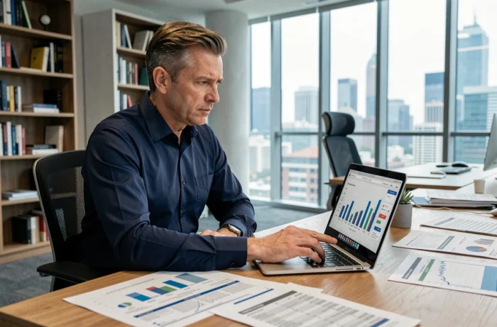 Analyste financier examinant des graphiques de chiffres d'affaires d'Inditex sur un ordinateur portable dans un bureau moderne