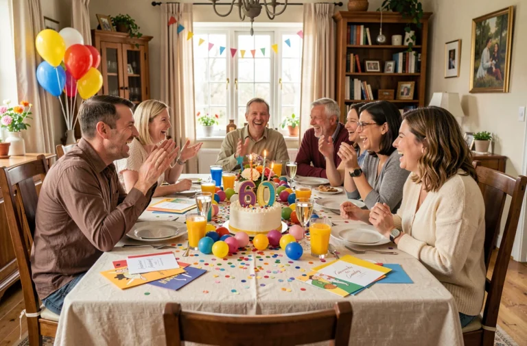 Table festive décorée pour un anniversaire 60 ans avec gâteau, confettis et cartes humoristiques