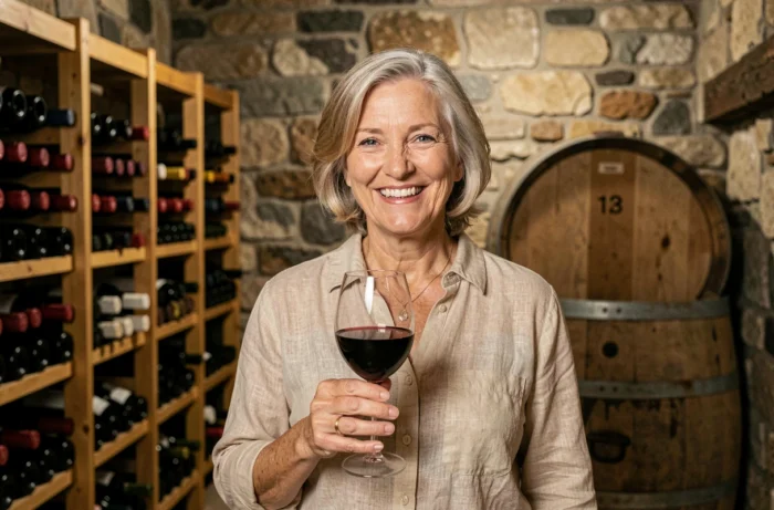 Femme de 60 ans souriante tenant un verre de vin rouge dans une cave rustique en pierre