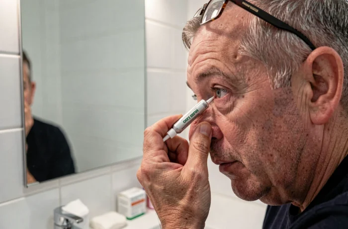 Homme appliquant correctement une pommade ophtalmique sur sa paupière inférieure devant un miroir de salle de bain