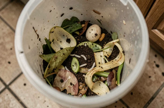 Gros plan de larves de mouches dans une poubelle domestique remplie de déchets organiques en décomposition