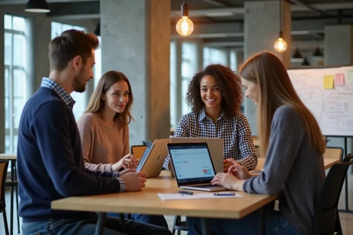 Groupe de salariés collaborant sur un module de formation en ligne dans un espace de travail moderne et ouvert