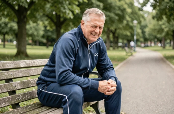 Homme de 60 ans en survêtement essoufflé sur un banc de parc après un jogging, souriant de lui-même