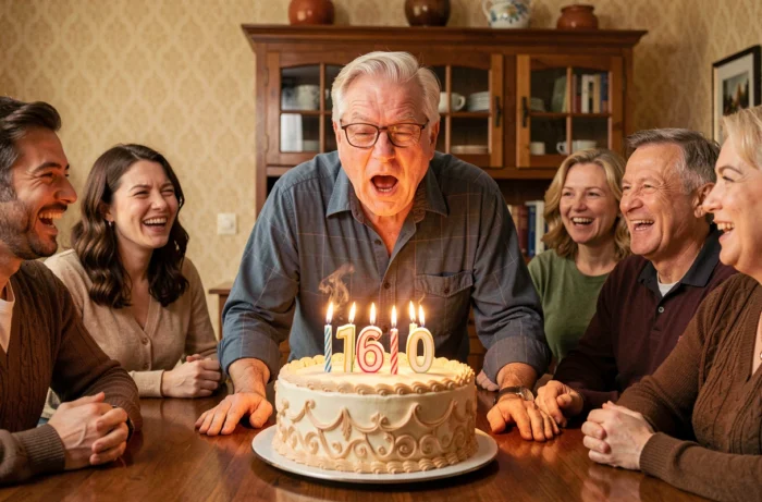 Homme de 60 ans soufflant avec effort les 60 bougies de son gâteau d'anniversaire entouré de sa famille