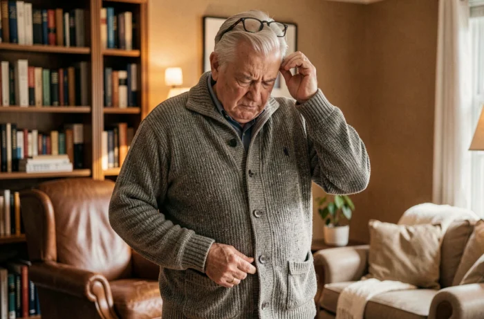 Homme de 60 ans cherchant ses lunettes posées sur sa tête dans un salon confortable