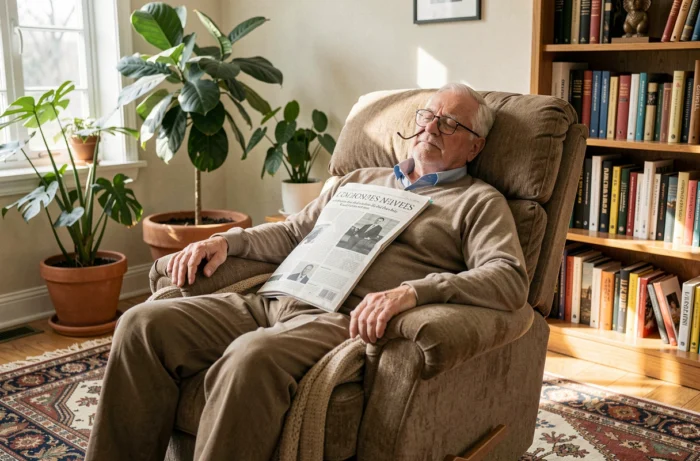 Homme de 60 ans faisant une sieste dans un fauteuil avec un journal sur la poitrine dans un salon ensoleillé