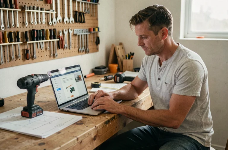 Homme utilisant une application de bricolage sur laptop dans un atelier à domicile bien organisé avec outils numériques et manuels
