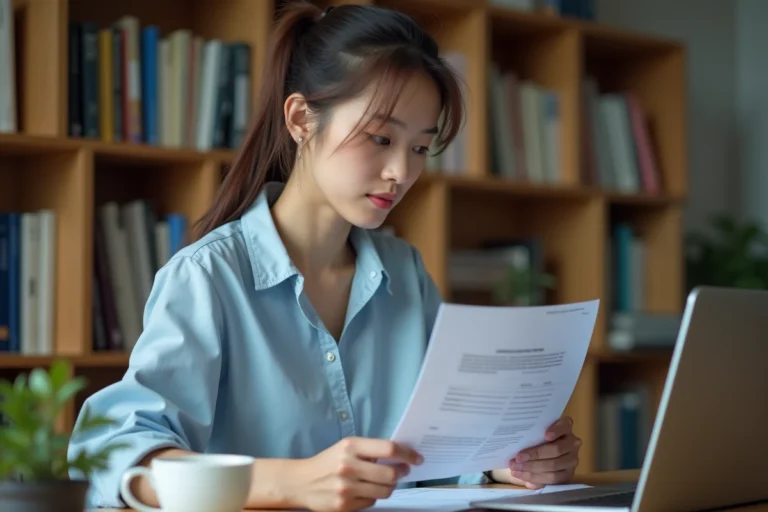 Jeune femme préparant son dossier de candidature pour l'université Paris 13 à son bureau à domicile