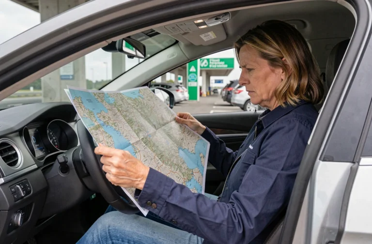 Femme consultant une carte routière des autoroutes de France dans sa voiture à une aire de repos