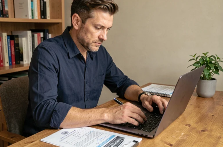 Homme remplissant un certificat de cession de véhicule en ligne sur un ordinateur portable dans un bureau à domicile