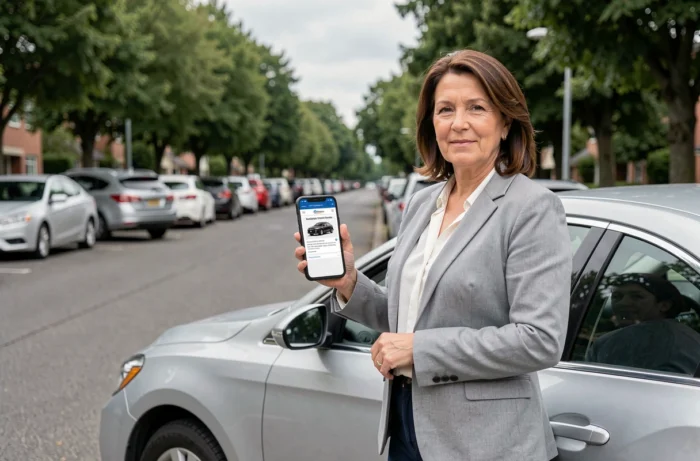 Femme consultant le formulaire de cession de véhicule en ligne sur smartphone à côté d'une voiture