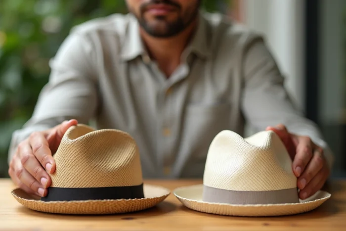 Comparaison entre un chapeau en paille naturelle et un chapeau en coton biologique, matières naturelles pour éviter la transpiration
