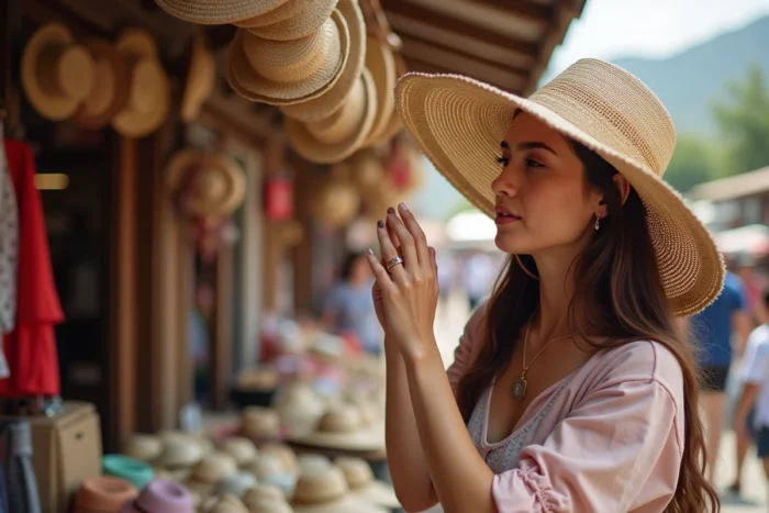 Femme inspectant un chapeau ventilé à larges bords avec des panneaux en maille respirante dans un marché estival