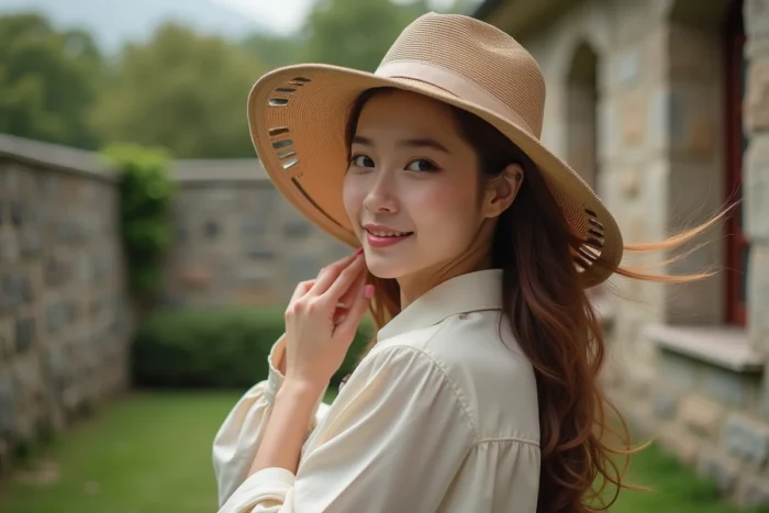Femme ajustant un chapeau à bords larges avec des œillets de ventilation pour assurer une bonne circulation d'air sous le chapeau