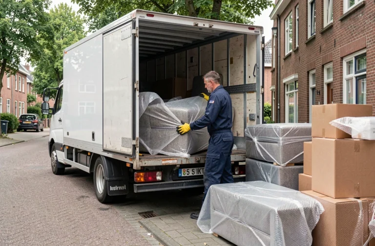 Déménageur chargeant un canapé enveloppé dans un camion de déménagement 15m3 dans une rue résidentielle