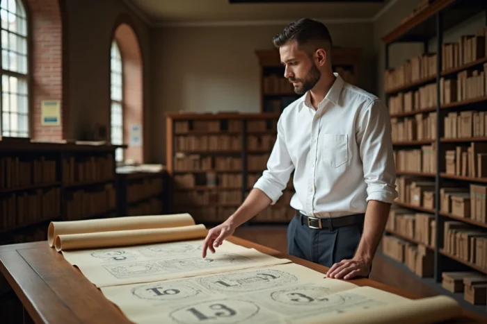 Jeune chercheur analysant des concordances bibliques avec des diagrammes du nombre 16 dans une salle d'archives
