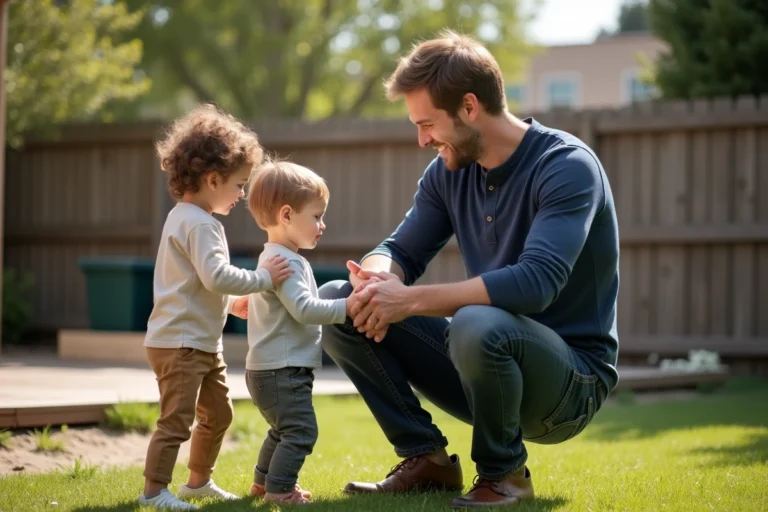 Christopher Russell en famille dans le jardin avec ses enfants lors d'un moment de complicité parentale