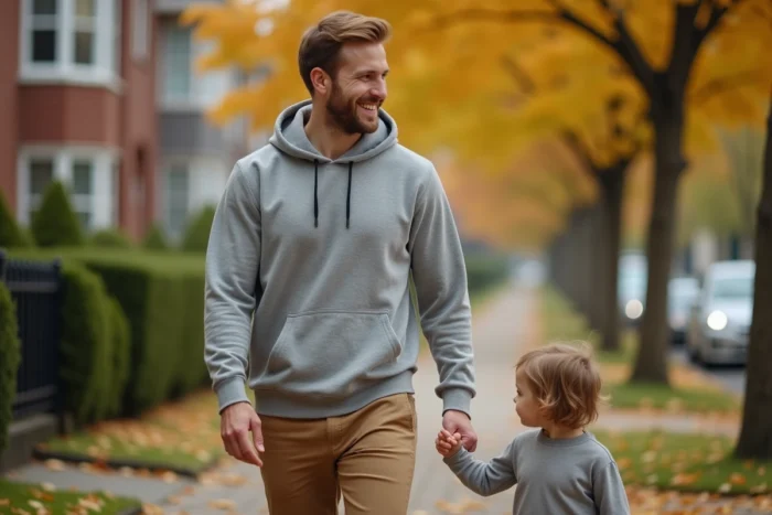 Christopher Russell se promenant avec son enfant dans un quartier résidentiel lors d'une sortie familiale en automne