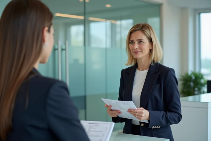 Cliente en agence bancaire consultant un conseiller au sujet d'un virement Mangopay Vinted en retard