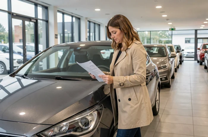 Cliente lisant le rapport de fiabilité d'une voiture d'occasion dans un showroom Aramis Auto