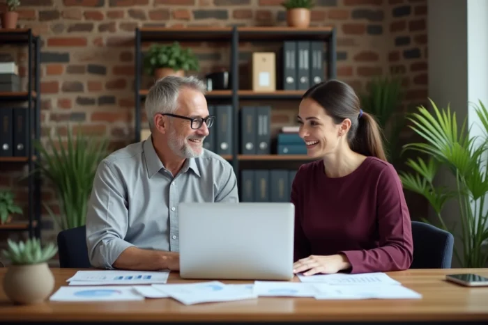 Manager expérimenté accompagnant une jeune employée lors d'une séance de coaching individuel pour développer ses compétences professionnelles