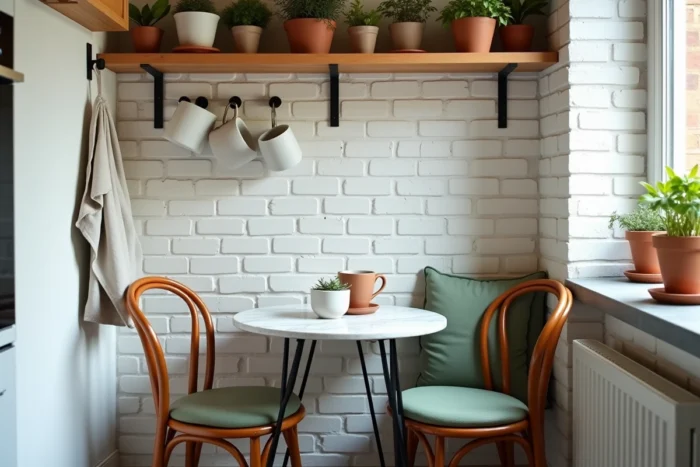 Coin petit-déjeuner cosy avec table en marbre, chaises en bois courbé et étagère de cuisine décorée pour une atmosphère chaleureuse et fonctionnelle