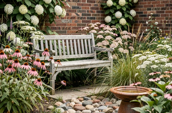 Coin de jardin sauvage avec banc en bois, plantes vivaces et bain d'oiseau pour un espace naturel et accueillant