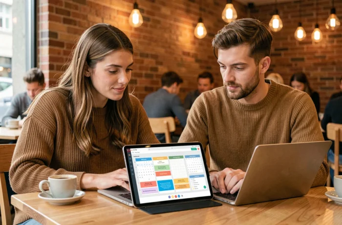 Deux jeunes professionnels collaborant sur des outils de planification digitale dans un café urbain