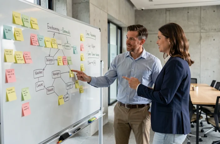 Deux collègues collaborant sur un schéma de sitemap web dessiné sur un tableau blanc en salle de réunion