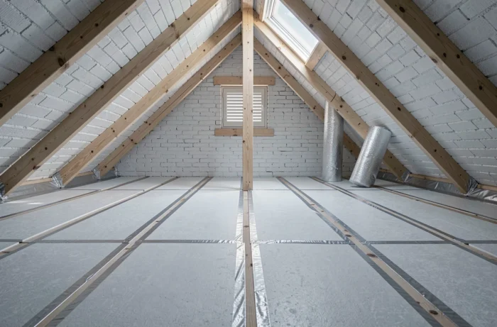 Vue intérieure de combles entièrement isolés avec des panneaux de mousse rigide entre les chevrons en bois