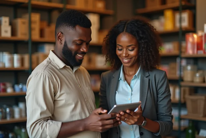 Deux commerçants consultant ensemble une demande de prêt Wave sur tablette dans une boutique