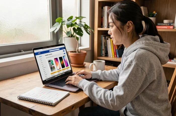 Femme comparant des prix de téléphones mobiles sur un site de fournisseur d'usine depuis son bureau à domicile
