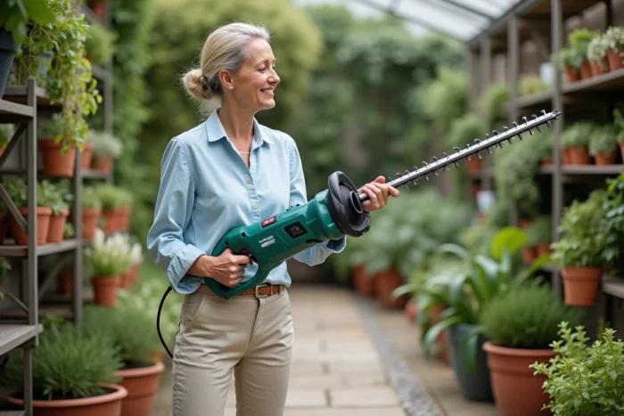 Femme comparant deux modèles de taille-haie électriques dans un magasin de jardinage