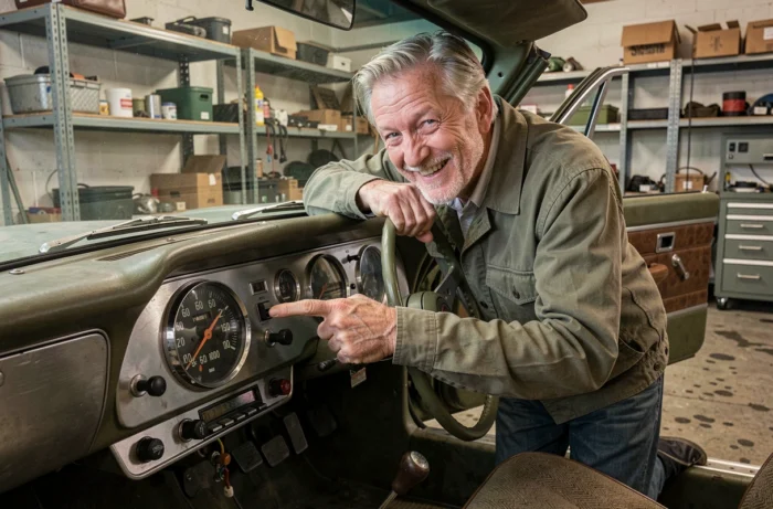 Homme de 60 ans pointant joyeusement le compteur kilométrique d'une voiture vintage dans un garage