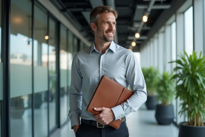 Homme cadre tenant un portfolio dans un couloir de bureau moderne après une session de conseil en carrière