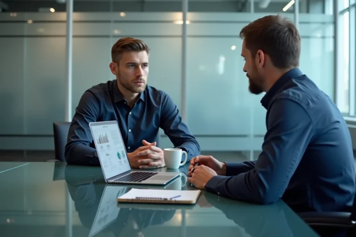 Homme en rendez-vous avec un conseiller financier pour suivre l'actualité du crédit et optimiser ses finances personnelles
