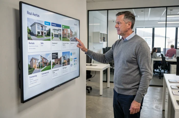 Conseiller immobilier présentant les rubriques d'un portail immobilier dans une agence moderne