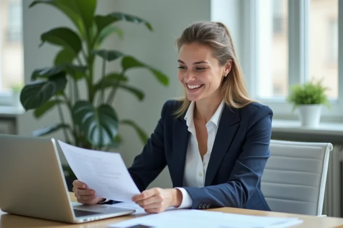 Femme consultante en formation professionnelle analysant des offres d'emploi dans un bureau moderne