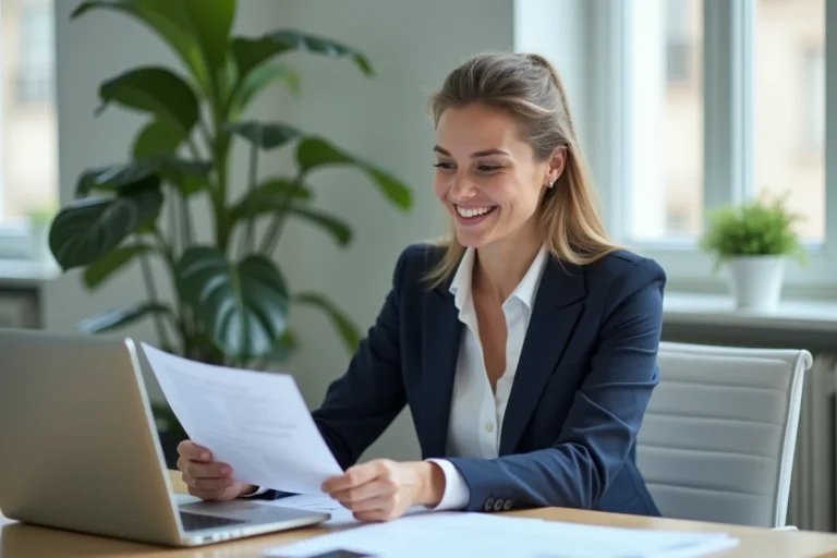 Femme consultante en formation professionnelle analysant des offres d'emploi dans un bureau moderne