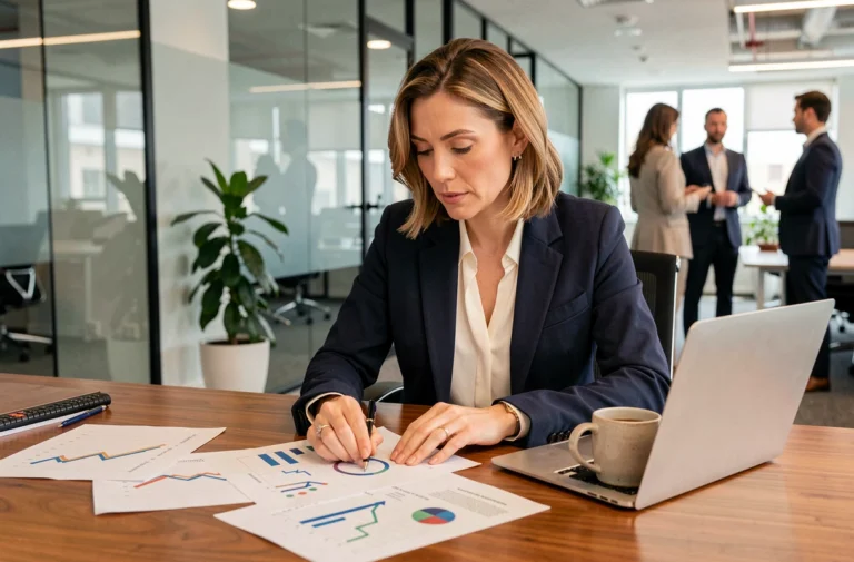 Consultante en développement d'entreprise analysant des graphiques de croissance dans un bureau moderne vitré